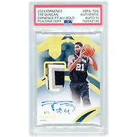 Tim Duncan San Antonio Spurs Autographed 2024-25 Panini Eminence Tri-Color Game Used Relic Gold #EPA-TDS #4/5 PSA Authenticated Auto 10 Card