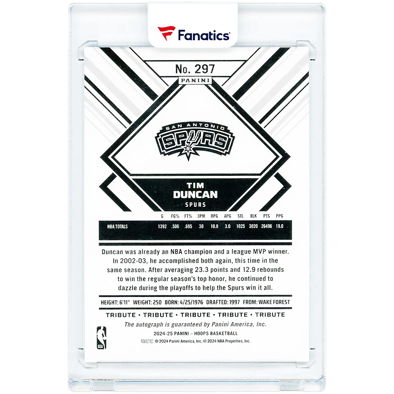 Carte autographiée Tim Duncan des San Antonio Spurs, collection Panini Hoops Tribute 2024-25, n° 297, n° 2/10