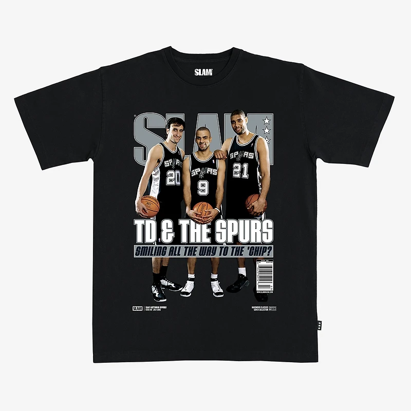 Unisex SLAM Tim Duncan, Manu Ginobili & Tony Parker Black San Antonio Spurs Hardwood Classics Cover T-Shirt