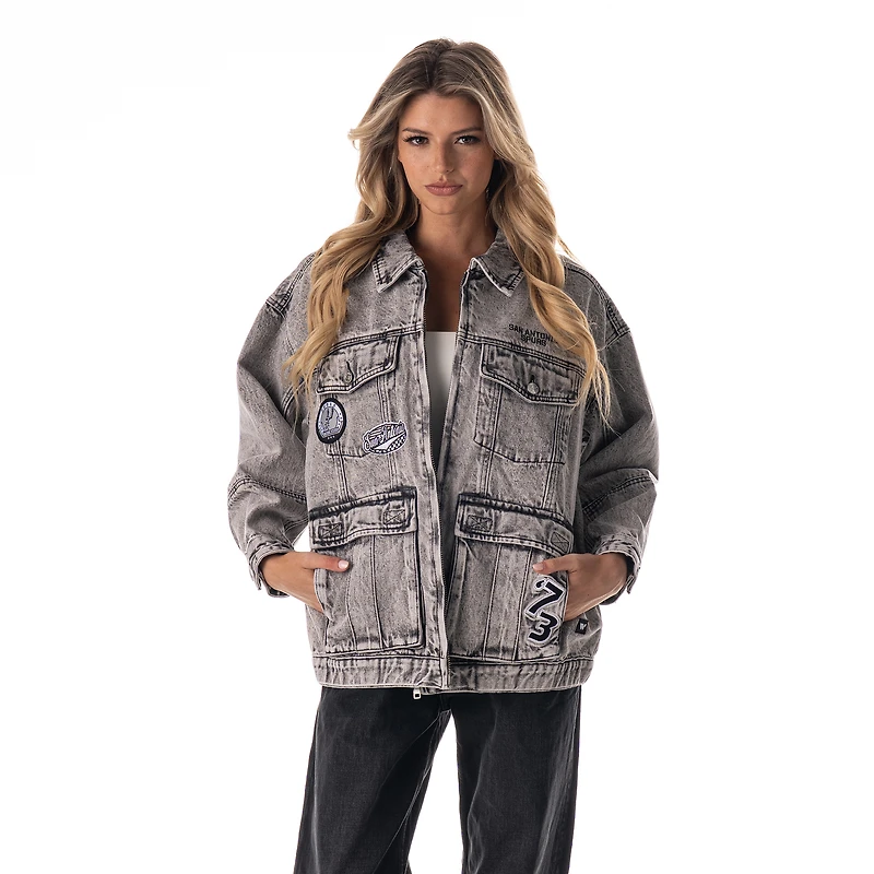 Veste cargo en jean gris oversize à fermeture éclair intégrale The Wild Collective pour femme, San Antonio Spurs