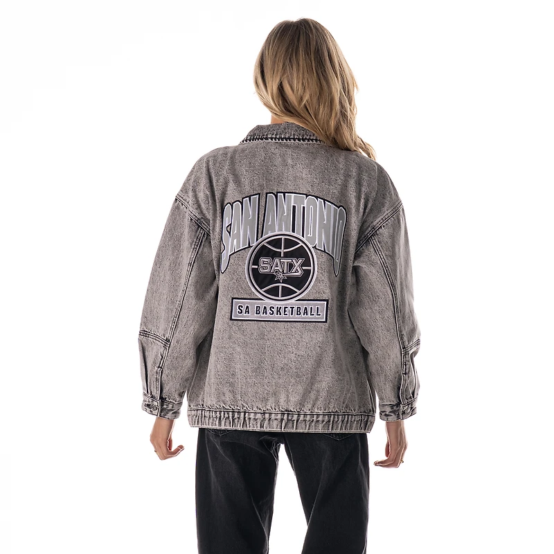 Veste cargo en jean gris oversize à fermeture éclair intégrale The Wild Collective pour femme, San Antonio Spurs