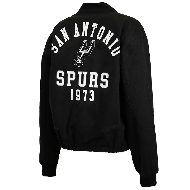 Veste bomber en denim noir à fermeture éclair intégrale WEAR by Erin Andrews pour femme, inspirée des San Antonio Spurs.