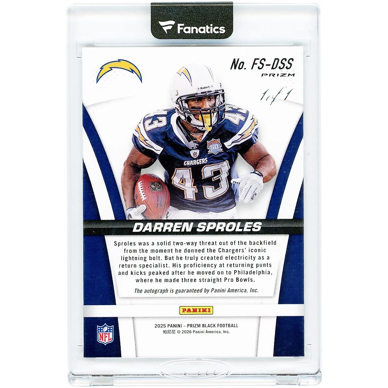 Darren Sproles San Diego Chargers Autographed 2025 Panini Prizm Black Prizm Flashback Signatures #FS-DSS #1/1 Card