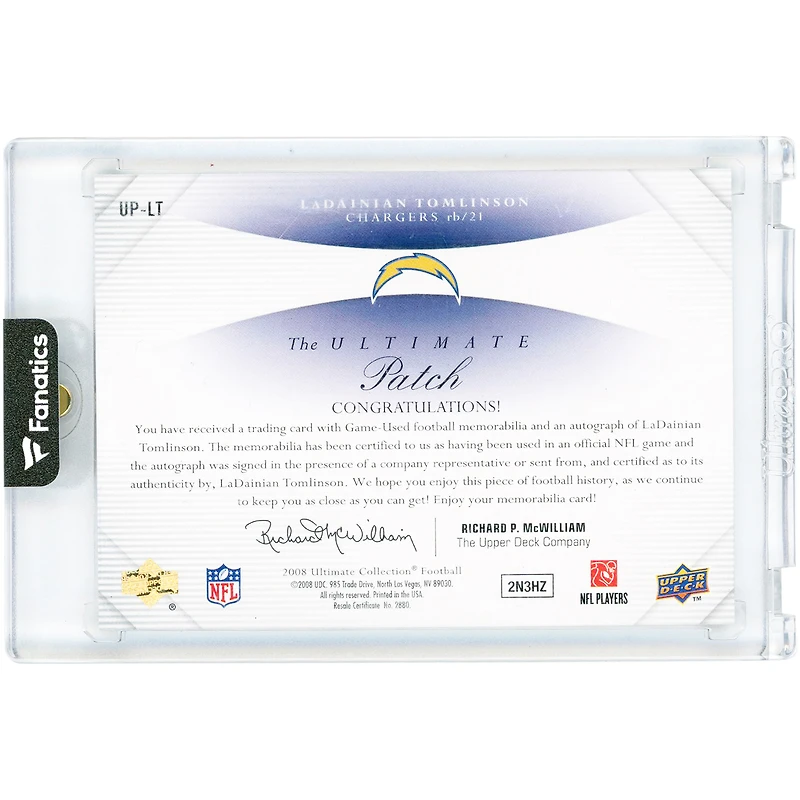LaDainian Tomlinson San Diego Chargers Autographed 2008 Upper Deck Ultimate Collection The Ultimate Patch Dual Game-Used Dual-Color Relics #UP-LT #6/10 Card