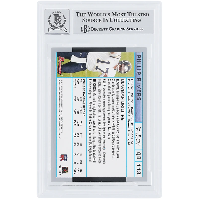 Philip Rivers San Diego Chargers Autographed 2004 Bowman #113 Beckett Fanatics Witnessed Authenticated 10 Rookie Card