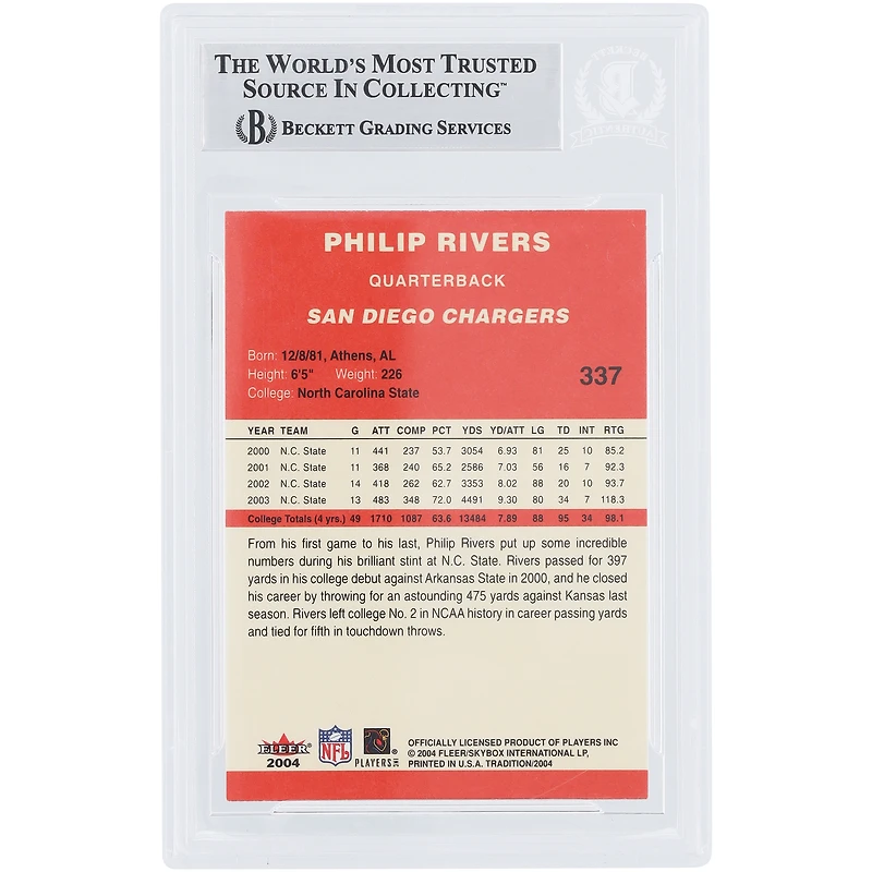 Carte de recrue authentifiée signée par Philip Rivers, San Diego Chargers, Fleer Tradition #337 de 2004, présentée par les fanatiques de Beckett