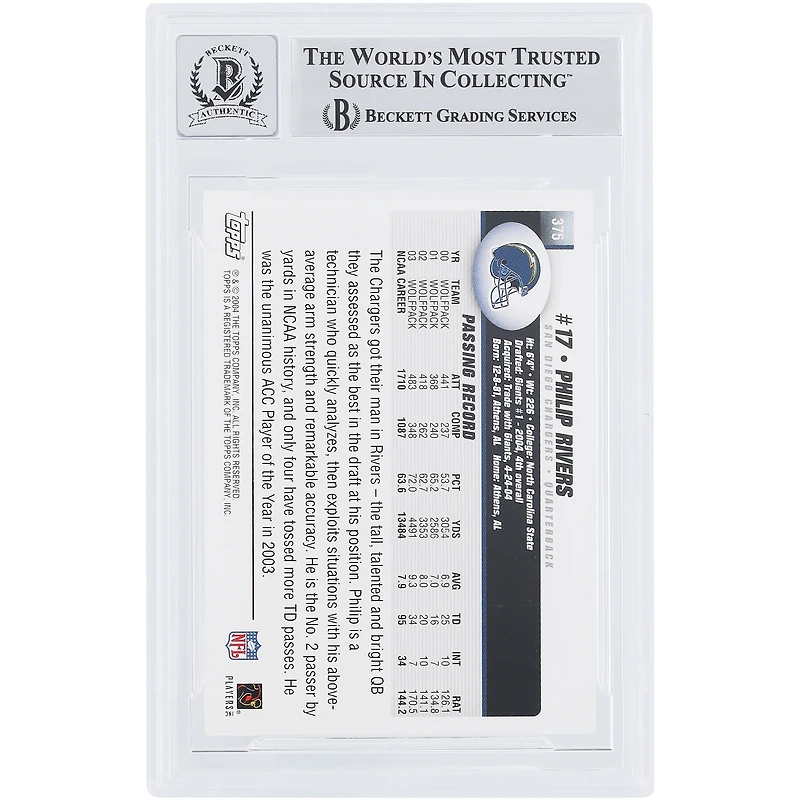 Philip Rivers San Diego Chargers Autographed 2004 Topps #375 Beckett Fanatics Witnessed Authenticated 10 Rookie Card