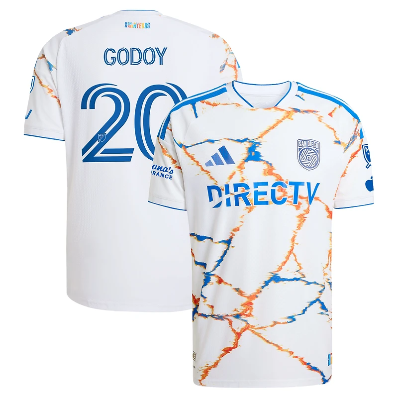 Maillot authentique adidas Anibal Godoy blanc San Diego FC 2026 Unprecedented Unity Kit pour homme, avec patch sur le terrain