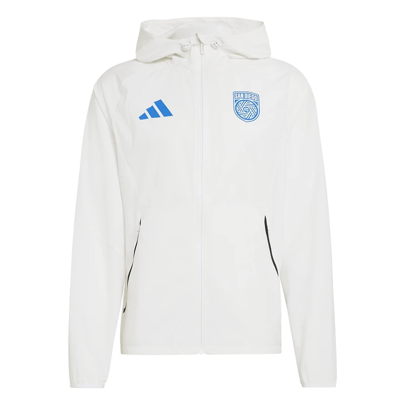 Men's adidas White San Diego FC Tiro Travel Full-Zip Hooded Windbreaker