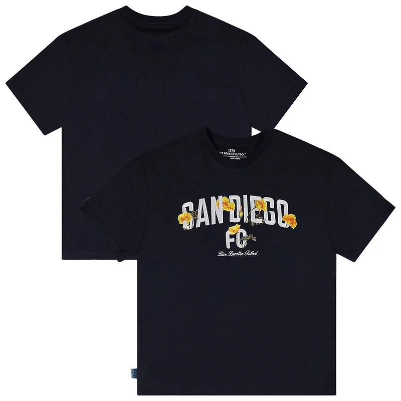 T-shirt unisexe à imprimé floral bleu marine du San Diego FC Live Breathe Futbol