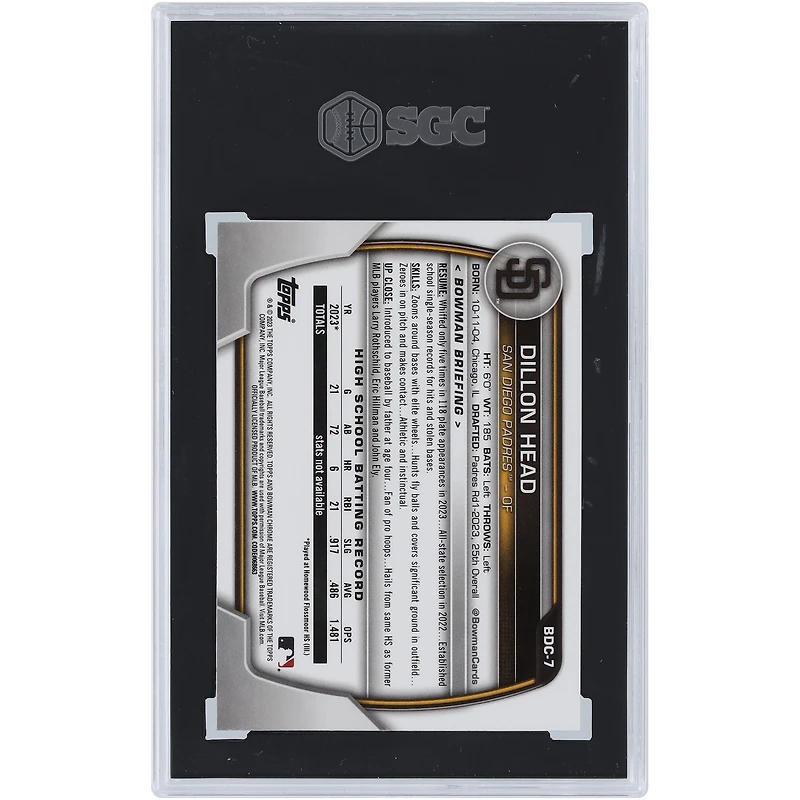 Dillon Head San Diego Padres 2023 Bowman Chrome Draft 1er Bowman Aqua Lunar #BDC-7 #51/125 SGC Carte authentifiée 9.5