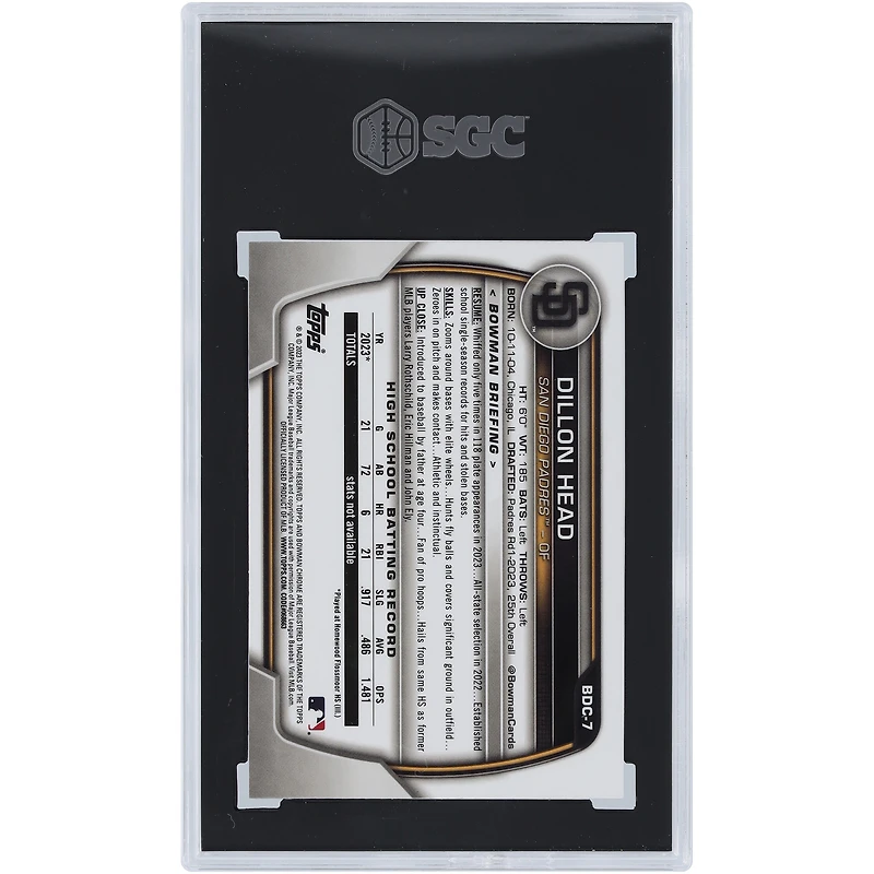 Dillon Head San Diego Padres 2023 Bowman Chrome Draft 1er Bowman Fuchsia Lunar #BDC-7 #90/199 SGC 10 cartes authentifiées