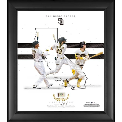 Fernando Tatis Jr. Jake Cronenworth et Manny Machado San Diego Padres Collage encadré 15" x 17" Franchise Foundations avec un morceau de baseball utilisé lors du match - Édition limitée à 619