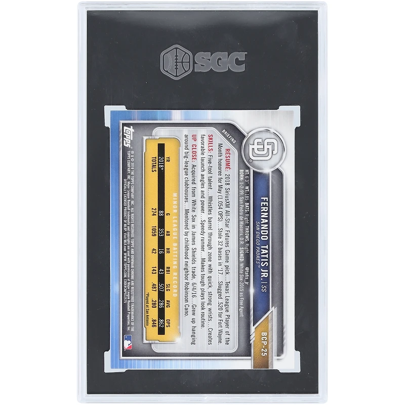 Fernando Tatis Jr. San Diego Padres 2019 Bowman Chrome Prospects Green Shimmer Refractor #BCP-25 #67/99 SGC Authenticated 10 Card