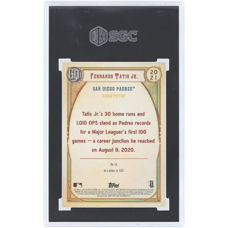 Fernando Tatis Jr. San Diego Padres 2021 Topps GQ Mask Up #13 SGC Carte authentifiée 9.5
