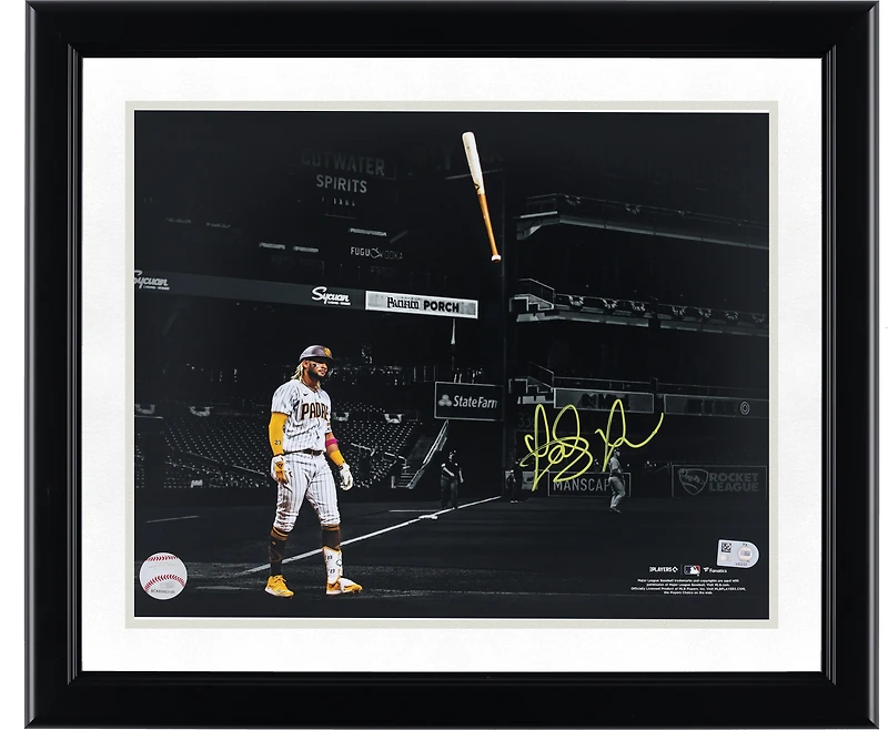 Fernando Tatis Jr. San Diego Padres autographié 11" x 14 " Bat Flip Spotlight photographié - Signé à l'encre jaune