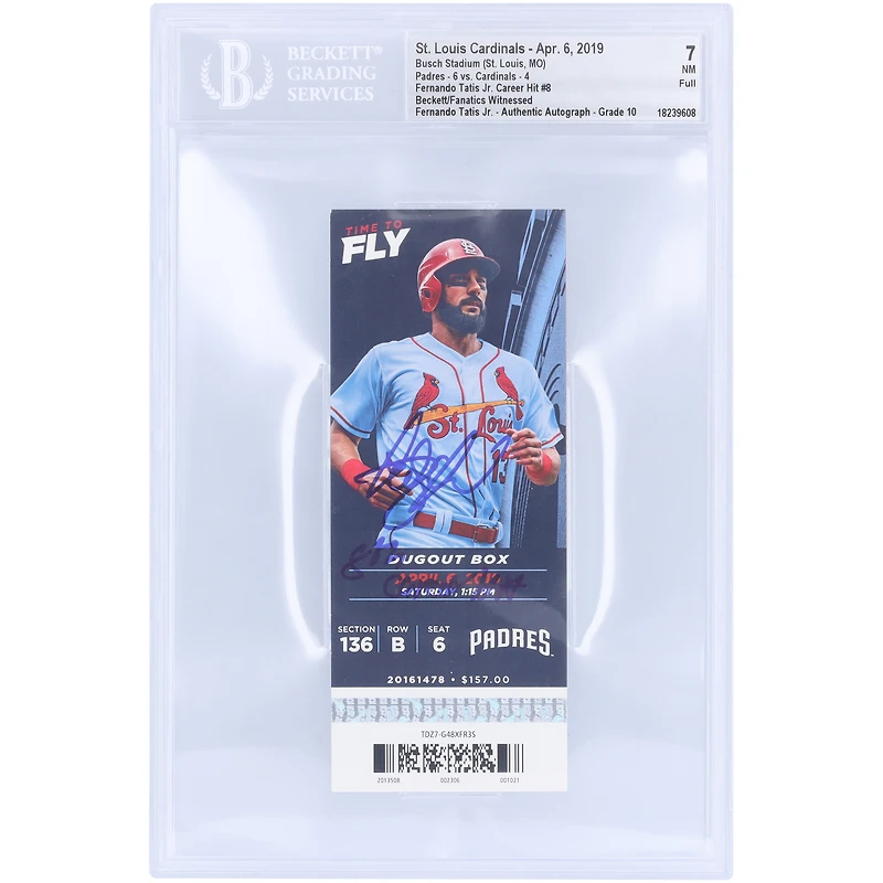 Fernando Tatis Jr. San Diego Padres Autographié Career Hit #8 Beckett Fanatics Witnessed Authentifié /10 Ticket du 6 avril 2019 avec l'inscription « 8th Career Hit