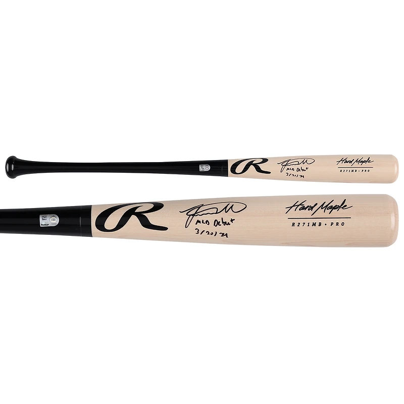 Bâton Rawlings noir et beige autographié par Jackson Merrill des Padres de San Diego, avec inscription « Débuts en MLB le 20/03/2024 ».
