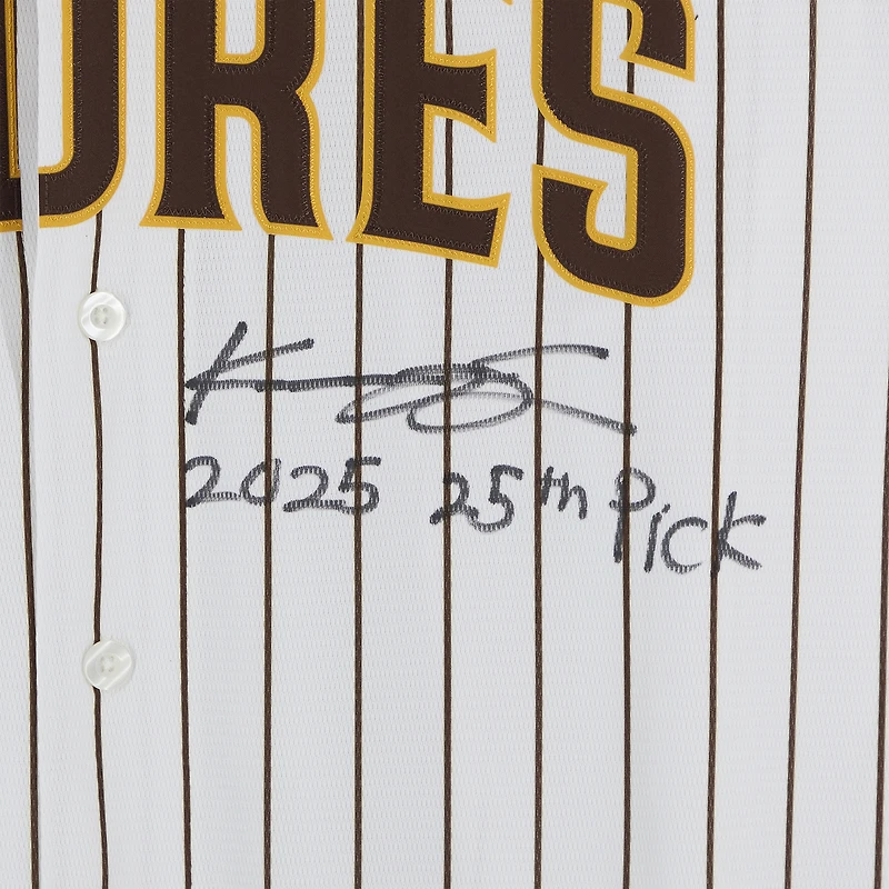 Maillot réplique Nike blanc autographié par Kruz Schoolcraft des Padres de San Diego avec inscription « 25e choix de la saison 2025 ».