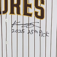 Maillot réplique Nike blanc autographié par Kruz Schoolcraft des Padres de San Diego avec inscription « 25e choix de la saison 2025 ».