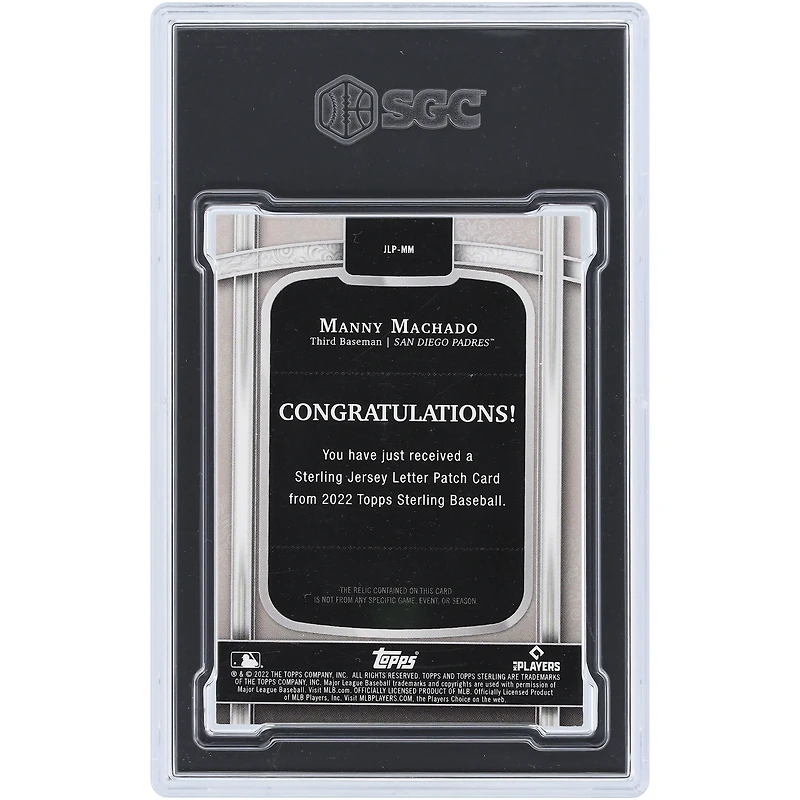 Manny Machado San Diego Padres 2022 Topps Sterling Jersey Letter "H" Patch Tri-Color Relic #JLP-MM #1/1 SGC Authenticated 9 Card