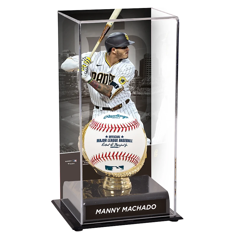 Vitrine de présentation des gants dorés des Padres de San Diego de Manny Machado avec image de frappeur