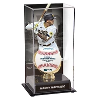 Vitrine de présentation des gants dorés des Padres de San Diego de Manny Machado avec image de frappeur