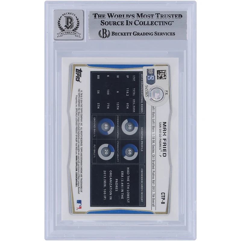 Max Fried San Diego Padres Autographed 2014 Bowman Chrome Draft #CTP-8 Beckett Fanatics Witnessed Authenticated 9/10 Card