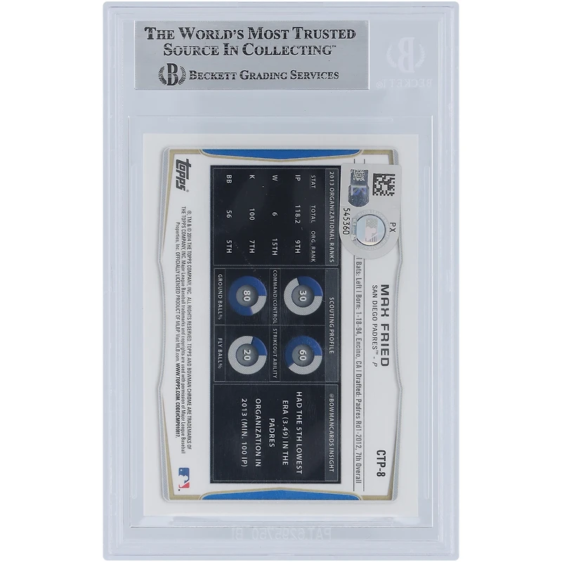 Carte autographiée par Max Fried des Padres de San Diego, Bowman Chrome Draft 2014, meilleurs espoirs #CTP-8, Beckett Fanatics, témoin authentifié