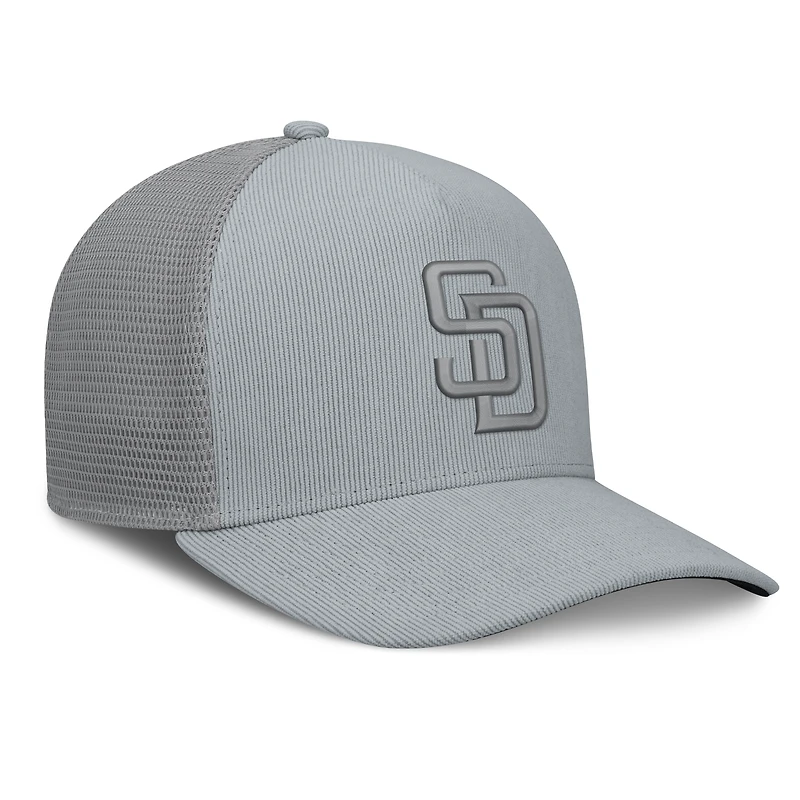 Casquette trucker ajustable Fanatics grise San Diego Padres en velours côtelé.