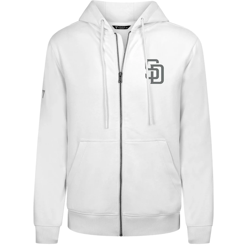 Sweat à capuche zippé blanc Levelwear pour homme avec logo Podium Banner Arch des Padres de San Diego