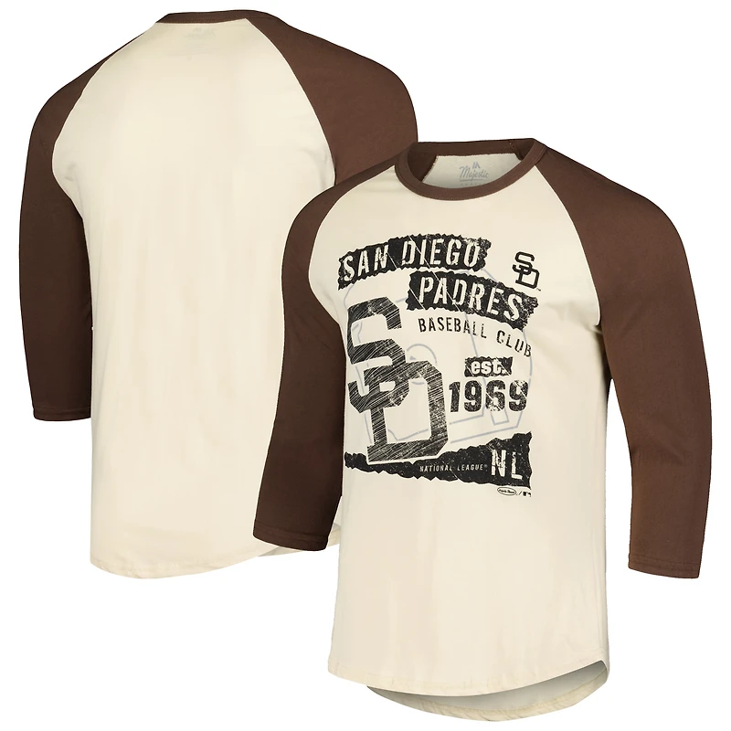 T-shirt raglan à manches 3/4 Majestic Threads pour hommes, crème/marron, San Diego Padres