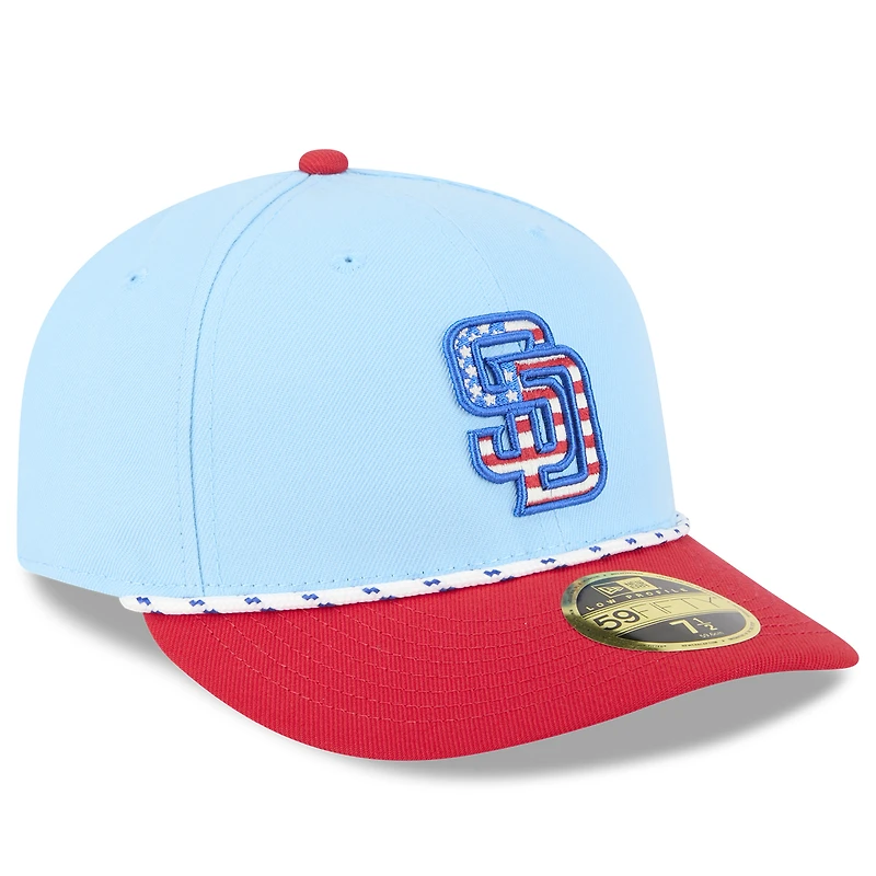 Casquette New Era 59FIFTY ajustée bleu clair/rouge pour homme des Padres de San Diego 2025, édition 4 juillet