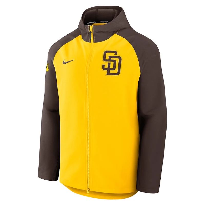 Veste Nike Authentic Collection Raglan Performance entièrement zippée pour homme, couleur or/marron, des San Diego Padres
