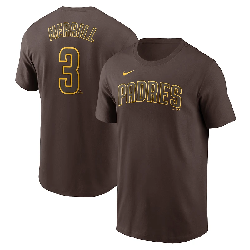 T-shirt avec nom et numéro Nike Jackson Merrill pour homme, marron, San Diego Padres Fuse