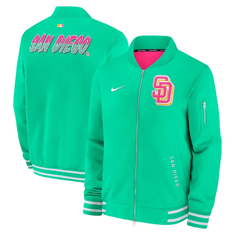 Veste aviateur entièrement zippée Nike City Connect pour homme, collection authentique des Padres de San Diego, verte