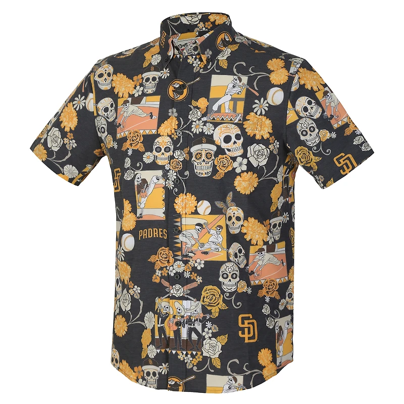 Chemise Aloha à boutons complets Reyn Spooner pour hommes, noire, San Diego Padres Día De Los Muertos Performance