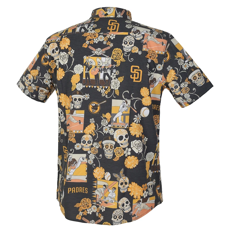 Chemise Aloha à boutons complets Reyn Spooner pour hommes, noire, San Diego Padres Día De Los Muertos Performance