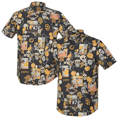 Chemise Aloha à boutons complets Reyn Spooner pour hommes, noire, San Diego Padres Día De Los Muertos Performance