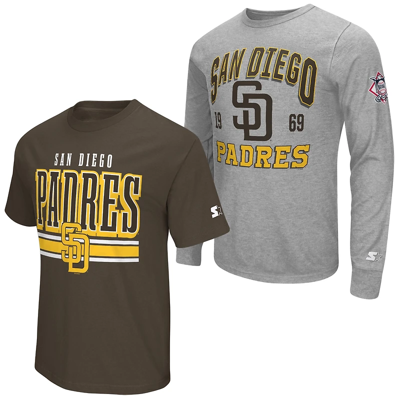 Ensemble de deux t-shirts à manches longues et courtes Starter pour homme, gris chiné/marron, San Diego Padres