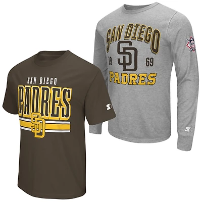Ensemble de deux t-shirts à manches longues et courtes Starter pour homme, gris chiné/marron, San Diego Padres