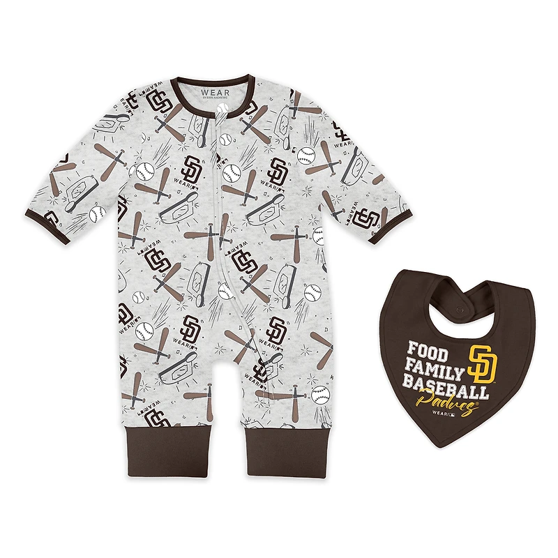 Newborn & Infant WEAR by Erin Andrews Heather Gray San Diego Padres Sleep and Play Full-Zip Sleeper Bib Set