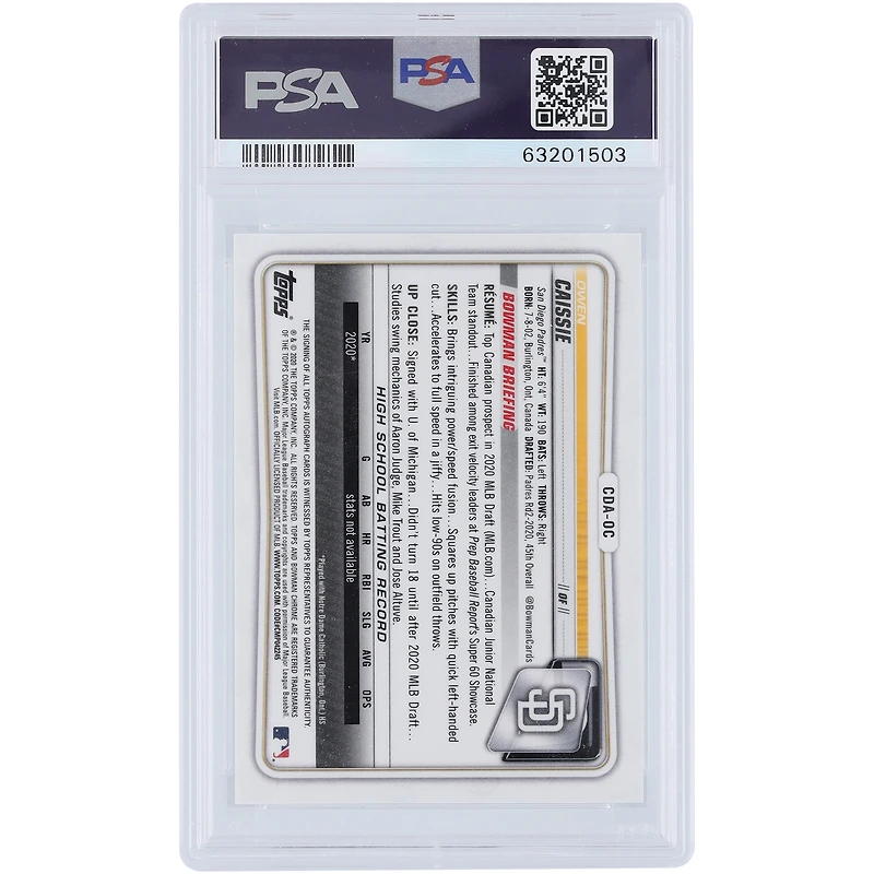 Owen Caissie San Diego Padres Autographed 2020 Bowman Chrome 1st Bowman Green Refractor #CDA-OS #34/99 PSA Authenticated 9 Card