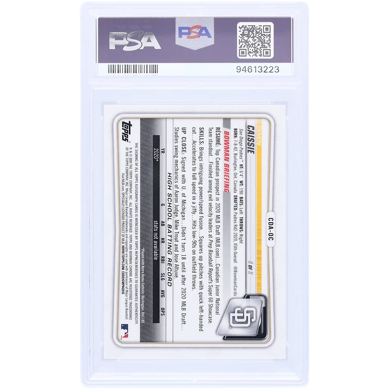 Owen Caissie San Diego Padres Autographié 2020 Bowman Chrome 1er Bowman #CDA-OC PSA Authentifié 10 Carte