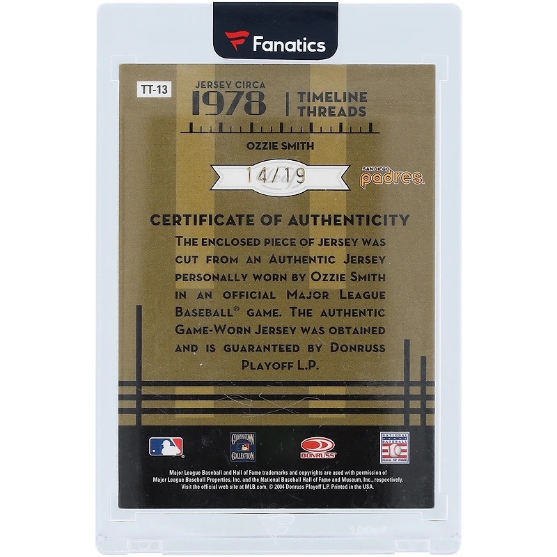 Carte relique #TT-13 #14/19 de la collection Leaf Century 2005 autographiée par Ozzie Smith des Padres de San Diego