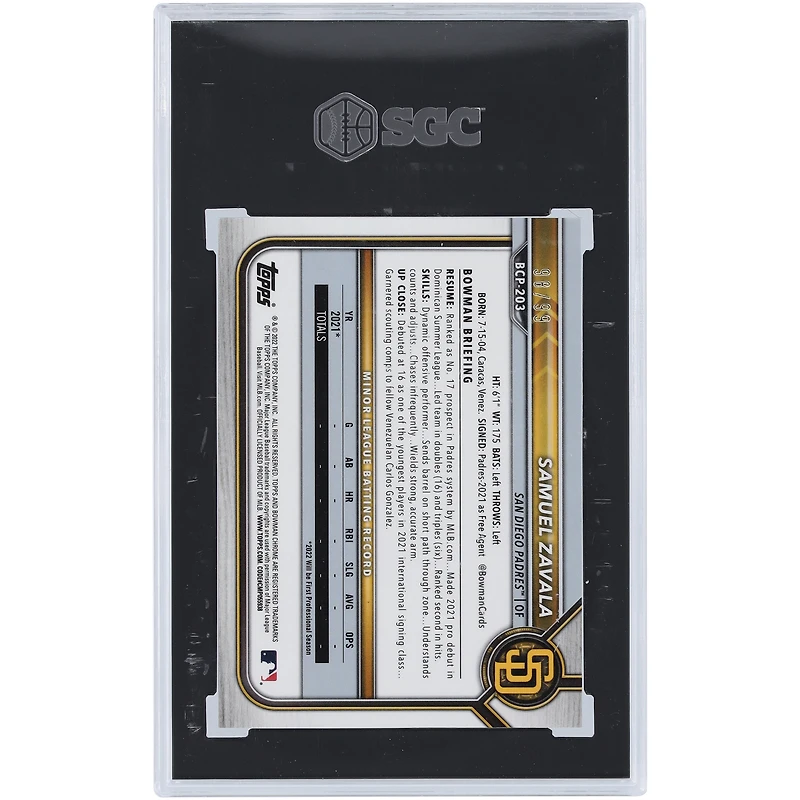 Samuel Zavala San Diego Padres 2022 Bowman Chrome Mega Box Green Refractor #BCP-203 #98/99 SGC Authenticated 10 Card