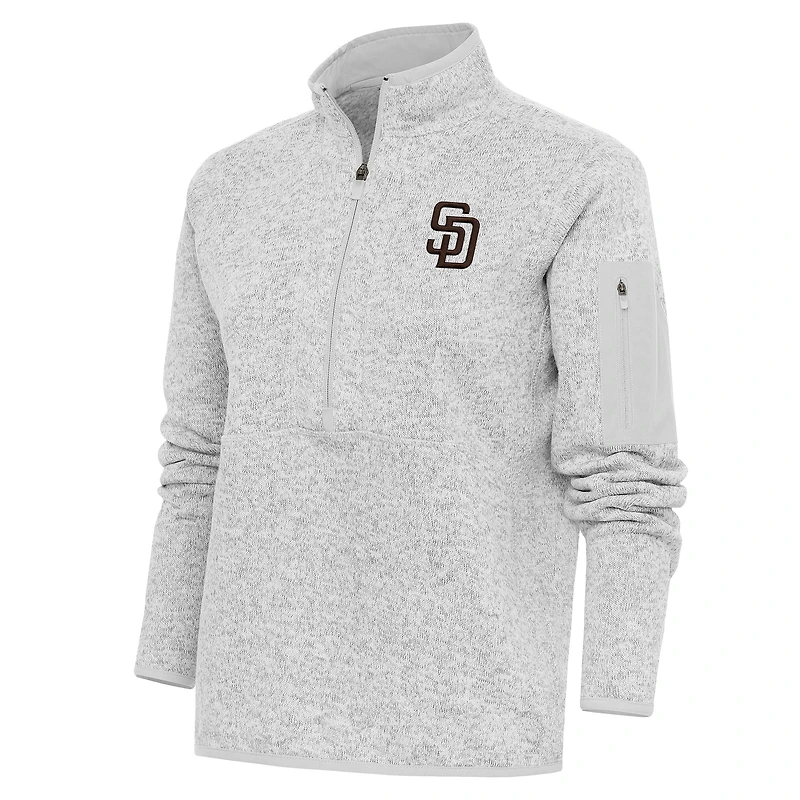 Women's Antigua Heather Gray San Diego Padres Logo Fortune Quarter-Zip Pullover Jacket