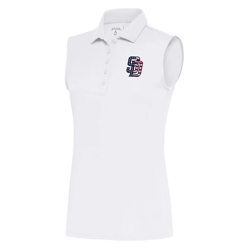 Polo patriotique sans manches blanc Antigua pour femme, hommage aux Padres de San Diego