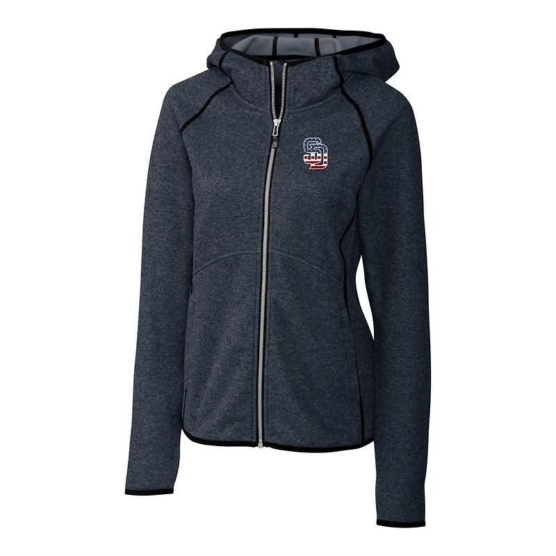 Women's Cutter & Buck Heather Navy San Diego Padres Americana Logo Mainsail Sweater-Knit Full-Zip Hoodie