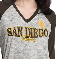 Women's G-III 4Her by Carl Banks Brown/Heather Brown San Diego Padres Speed Training 3/4-Sleeve Rhinestone V-Neck T-Shirt